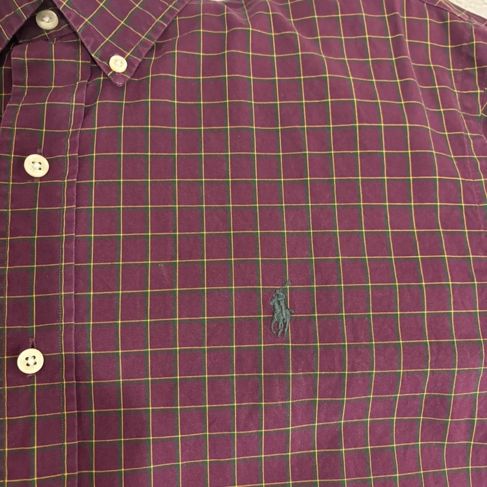 Ralph Lauren Button Down Shirt Mens XL Burgundy Check Custom Fit Two-Ply Cotton